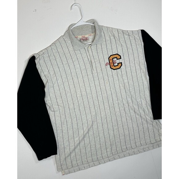 Vintage Coca Cola Shirt Mens Large Gray Striped Collared Polo Long Sleeve 1990s - Picture 9 of 12